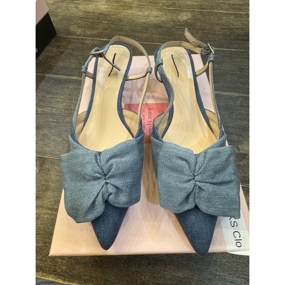 Kate Spade Blue Denim Bow Slingback Pumps Daxton Kitten Heels Size 7.5 - Picture 2 of 13